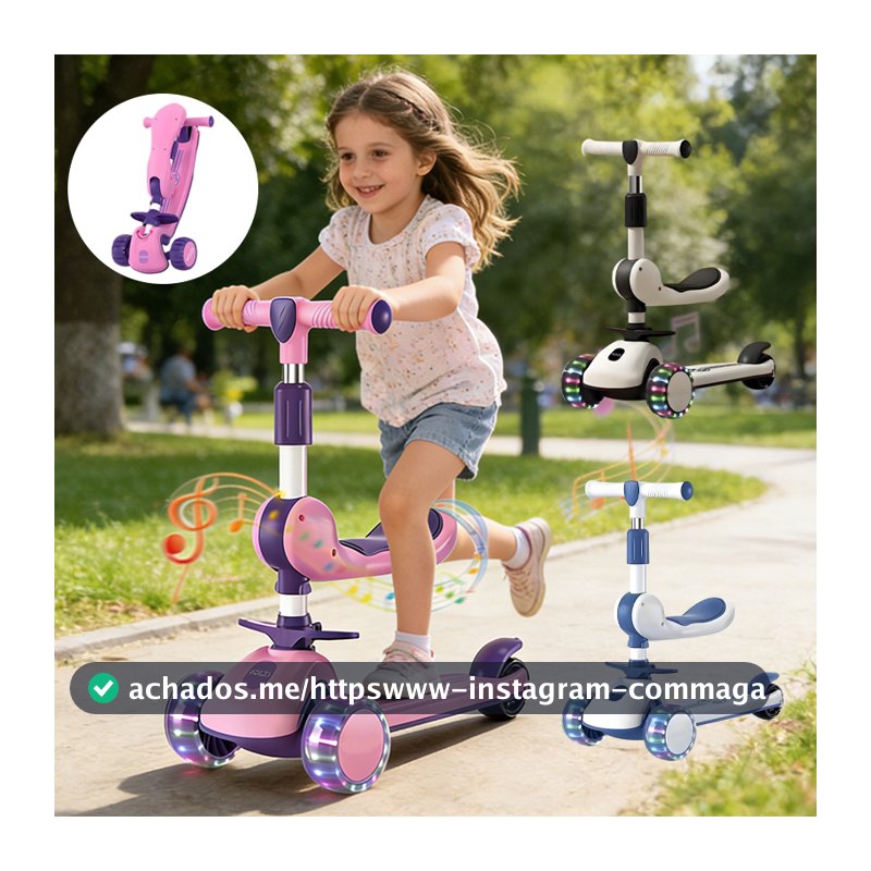 Patinete Infantil com Luz e Som Dobrável, Guidão Regulável Até 60kg Menino e Menina  ao Ar Livre-B03
