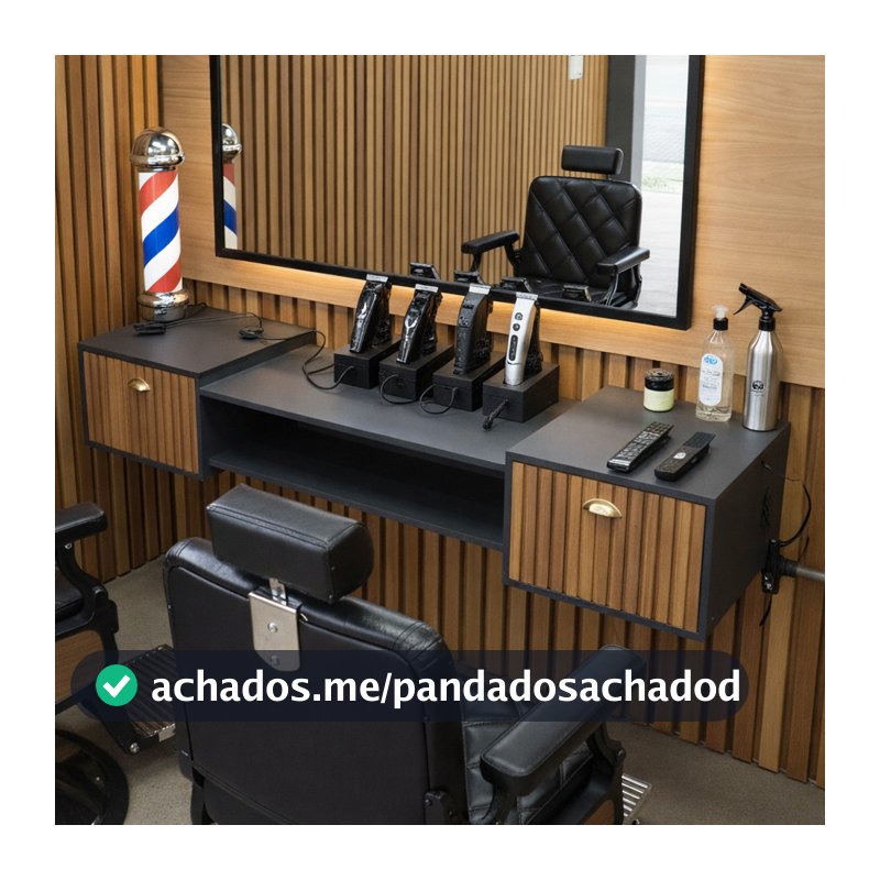 Bancada Barbearia com 2 Portas e Nicho Suspensa Para Corte de Cabelo e Barba 180CM Retrô Leão