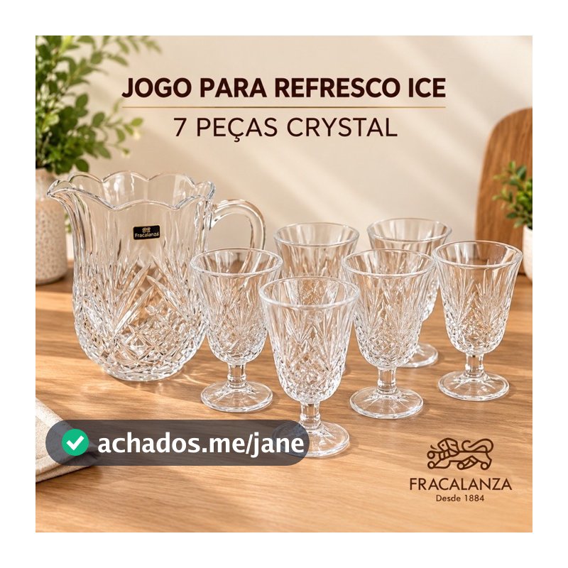 Jogo Jarra de Cristal 1,3L com 6 Taças 7 peças Fracalanza para Agua Suco Refresco Mesa Posta Luxo