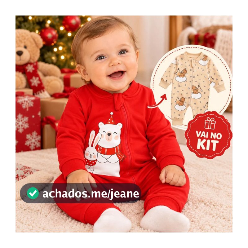 Kit 02 Macacões Natal + Estrelinha Bebê Unissex 100% Algodão C/ Ziper