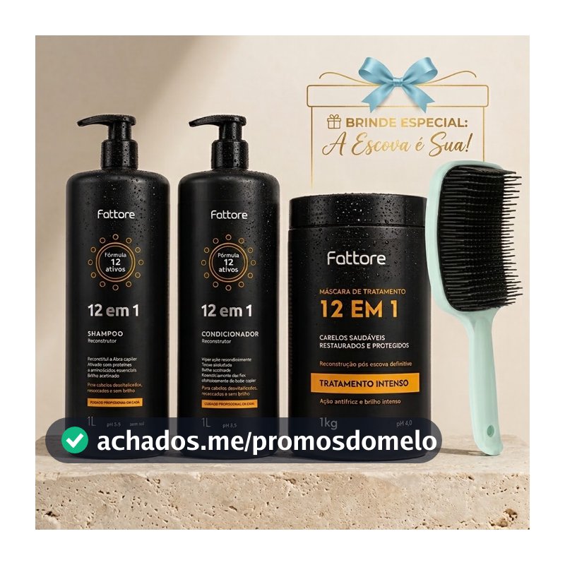 KIT FATTORE 12 EM 1 - SHAMPOO + CONDICIONADOR 1L + MÁSCARA 1KG + ESCOVA RAQUETE