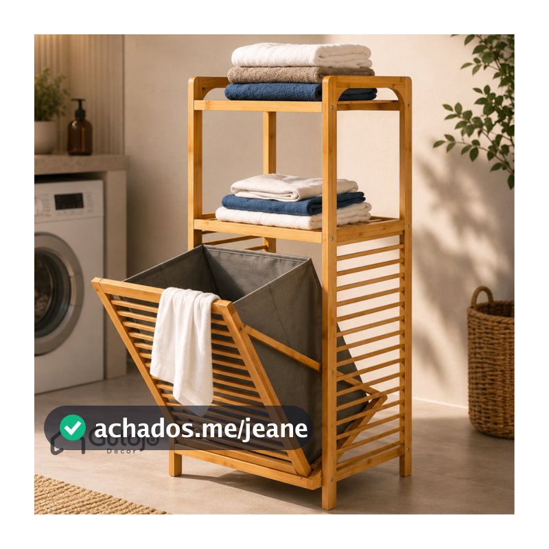 Rack De Bambu Cesto De Roupas Lavanderia C/ 2 Prateleiras Organizador Grande PREMIUM