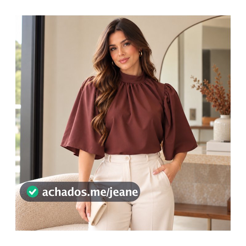 Blusa Manga Bufante 3/4 Feminina Gola Alta Soltinha Elegante