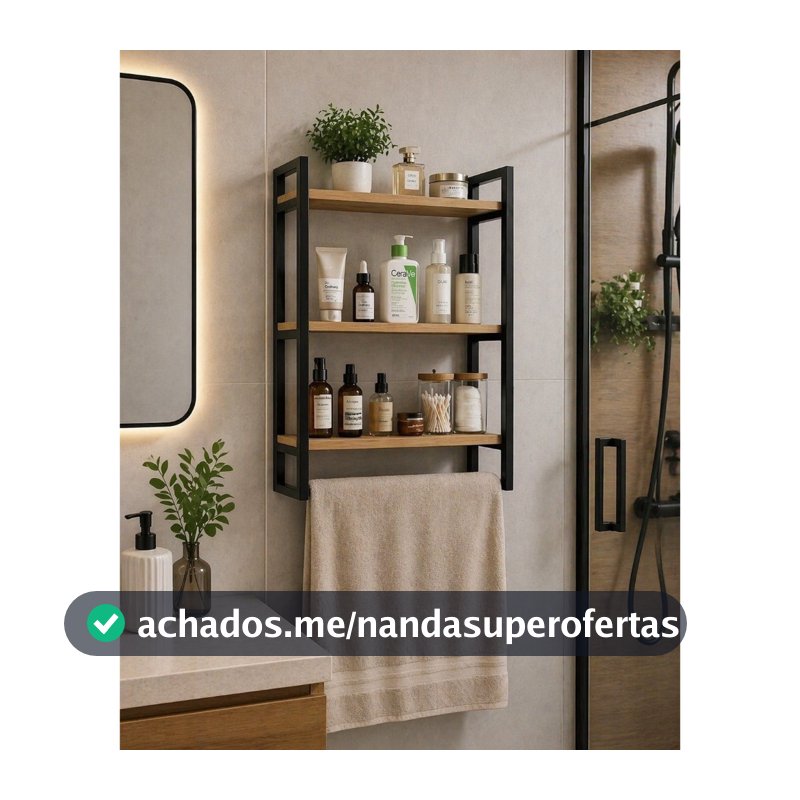 Prateleira com porta toalha, banheiro, area de serviço em ferro e madeira