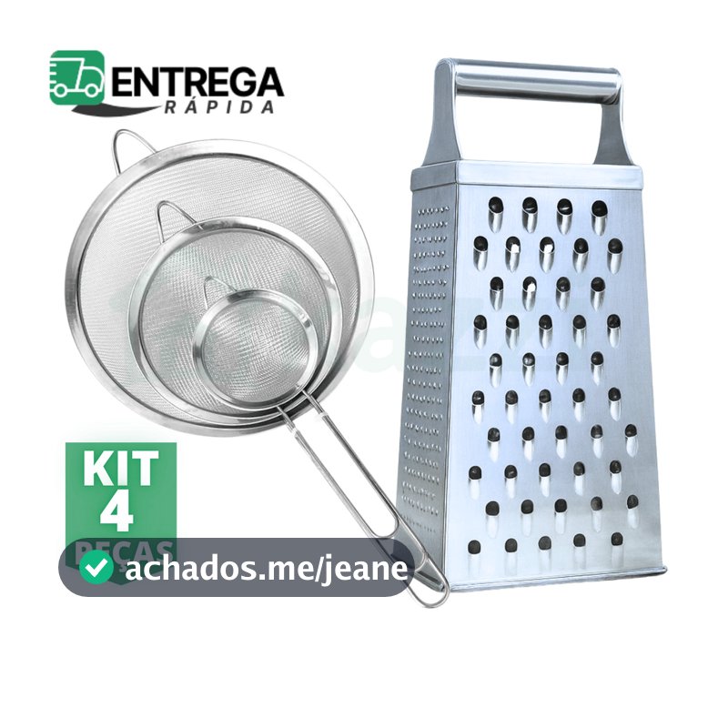 Kit 4 Peças Ralador 4 Faces Inox 3 Peneiras de Multiuso Inox de 8cm 10cm 12cm Utensílios de Cozinha