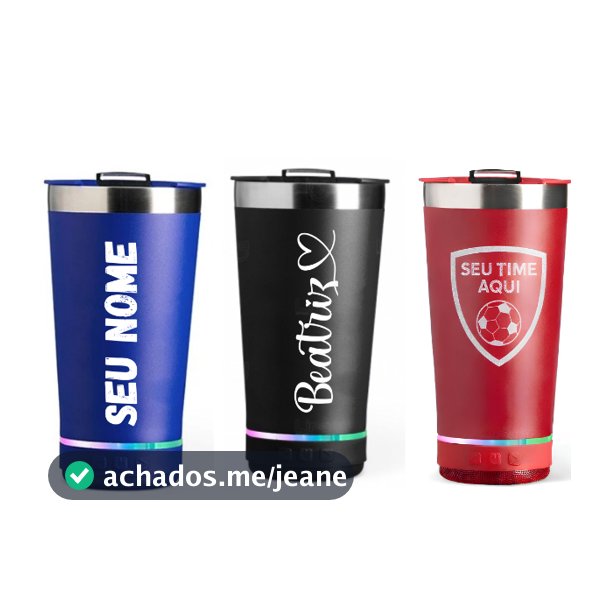 Copo Térmico Inox Com Som Bluetooth Personalizado Seu Nome Time Desenho Com Tampa e Abridor 473ml