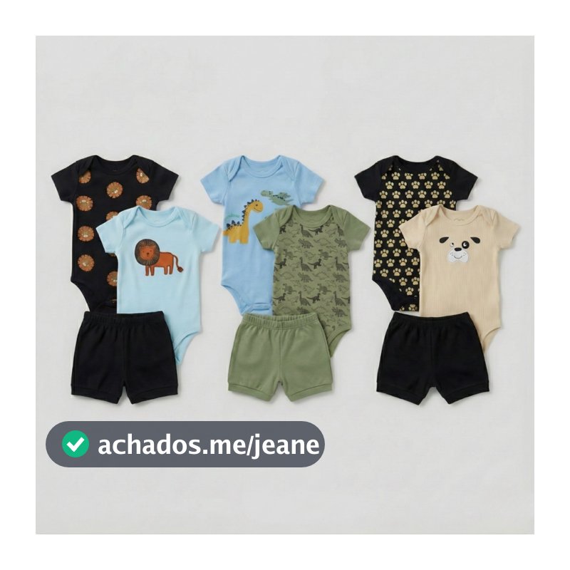 Kit 9 Peças Roupa Bebê Menino 6 Body E 3 Bermuda Algodão Verão Estampado Dinossauro Leão Enxoval
