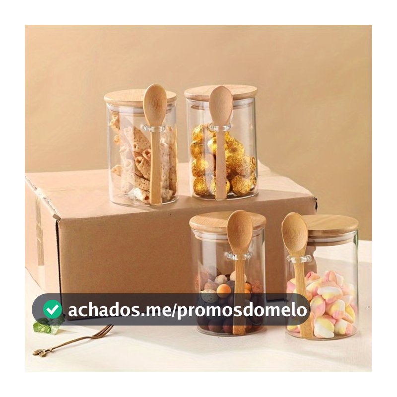 Potes De Vidro 440ml Redondo Tampa Bambu Hermético Com Colher Porta Tempero Mantimentos Açucareiro