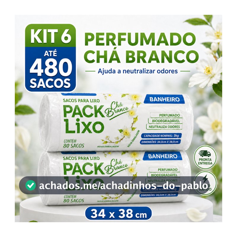 Sacos de Lixo Perfumado Chá Branco Kit Para Pia e Banheiro 34x38cm Neutraliza Odores 10L Cheiroso