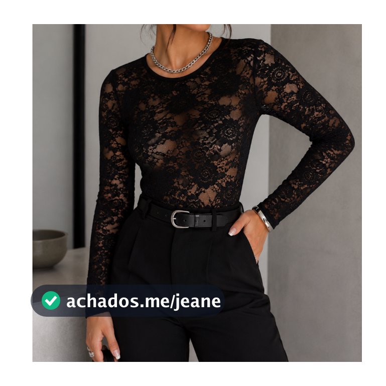 Blusa Feminina de Renda Com Manga Longa Transparente Preta Ideal Como Segunda Pele