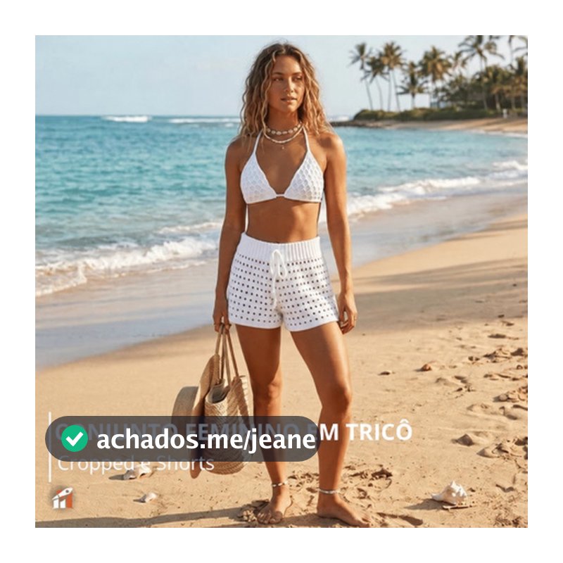 Conjunto Feminino de Tricô 2 Peças Top Frente Única + Short Vazado com Amarração Moda Praia Verão