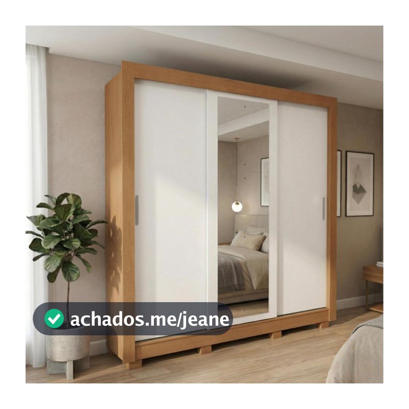 Guarda Roupa Casal 3 Pts com Espelho e pés Atlas Amêndoa/Branco/Amêndoa