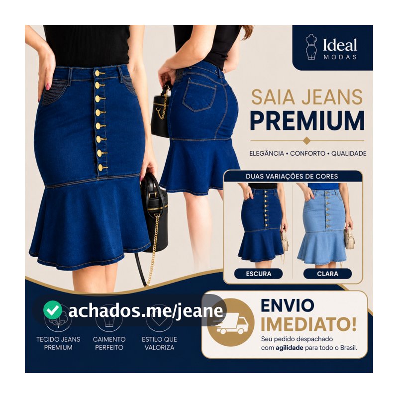 Saia Jeans Feminina Midi Cintura Alta Elastano Sereia Babado Botões Presente Moda Cristã Evangelica