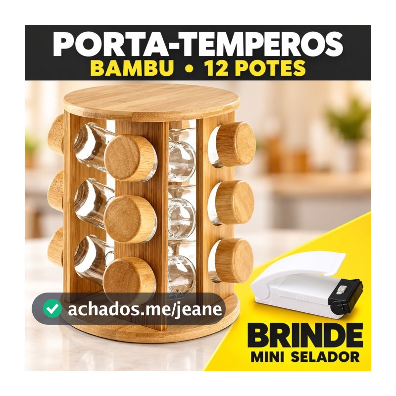 Porta Tempero em Bambu Giratório 12 Potes Condimentos Bambu luxo