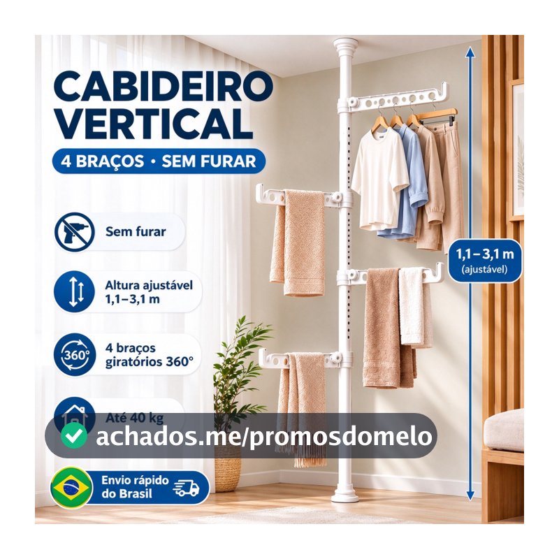 Cabideiro Vertical Telescópico de Chão ao Teto 4 Braços 3,1m Sem Furar Organizador de Roupas Quarto/varanda