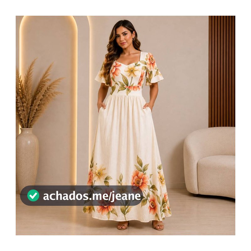 Vestido Longo moda evangélica Floral Elegante com Estampa Tropical e Manga Solta para Verão