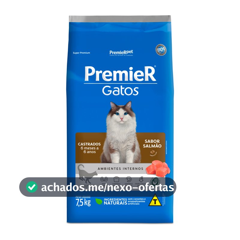 Ração Premier Gatos Castrados de 6 Meses á 6 Anos Salmão 7,5kg