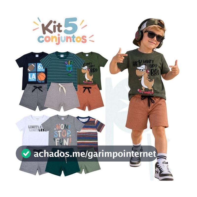 Kit 10 Peças de Roupa Infantil Menino | 5 Conjuntos (5 Camisetas + 5 Bermudas/Shorts) Verão Sortidas