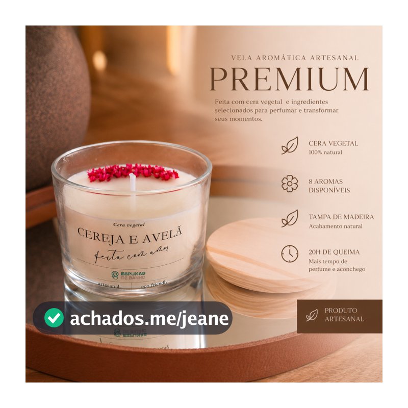 Vela Aromática Artesanal PREMIUM 100g Cera Vegetal Com Tampa de Madeira Vários Aromas Perfumada
