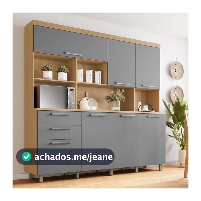 Armário de Cozinha 7 Portas 2 Gavetas 210cm 100% MDF Nobreza Marrom/Carvalho/Titânio Carvalho/Titânio