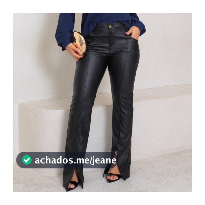 Calça Feminina Couro Fake Pantalona Fenda Frontal E Bolsos