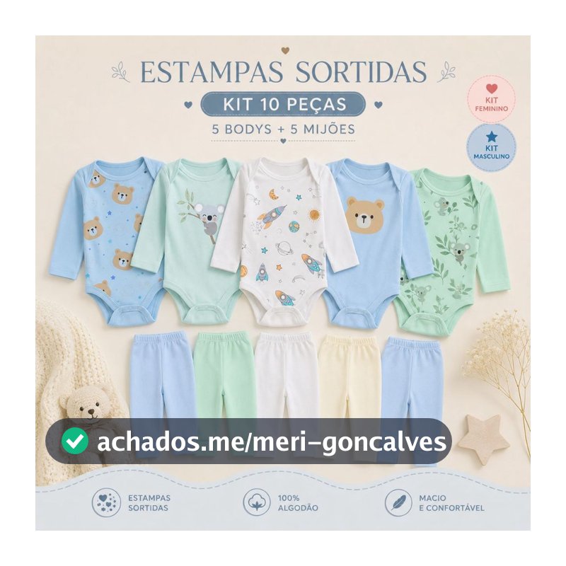 Kit 10 Peças Roupinhas de Bebê Body Longo Liso ou Estampado e Mijão