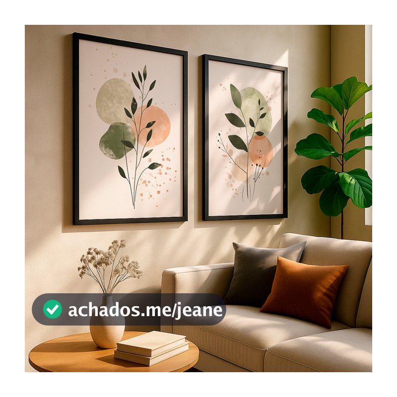 Kit 2 Quadros Com Moldura Decorativo Ramo Verde Folhas Abstratas Coloridas Delicado Neutro
