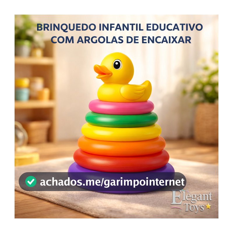 Brinquedo Educativo Infantil Torre de Argolas 5 & 7 Anéis Didático Patinho Peixinho Girafinha