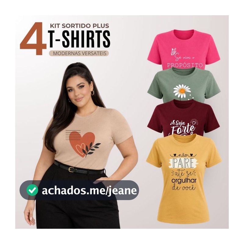 Kit 4 Blusa Feminina Plus Size Manga Curta Gola Redonda Básica Casual
