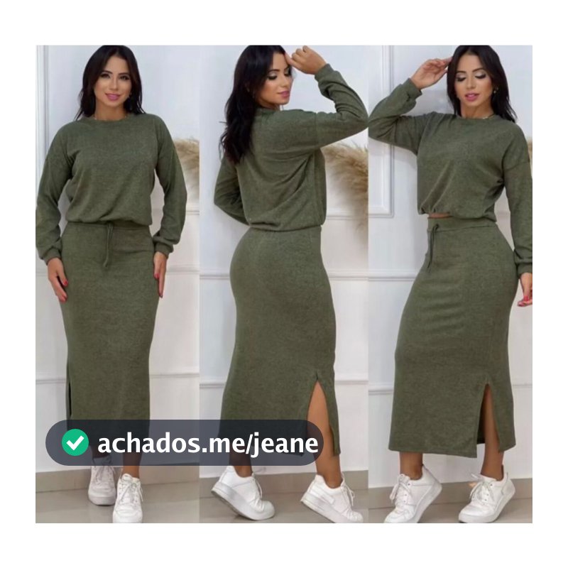 Conjunto Feminino Lanzinha Inverno Blusa Cropped e Saia Midi com Fendas Laterais