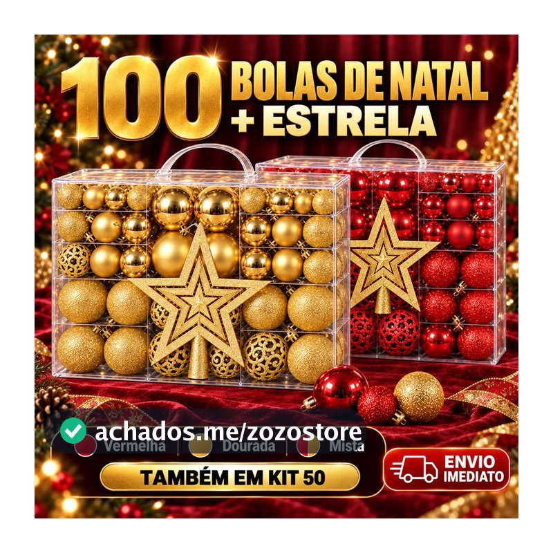 Kit 100 Bolas de Natal E Estrela Ponteira Decoração Enfeite Árvore Fosca Glitter Vermelha Dourada