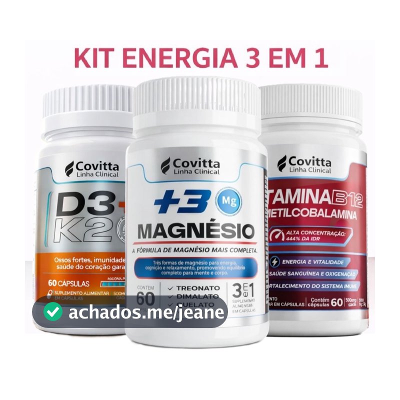 Kit Vitaminas B12 + Vitamina D3 K2 + Magnésio 3 em 1 | 180 Cápsulas - Saúde Completa | Covitta