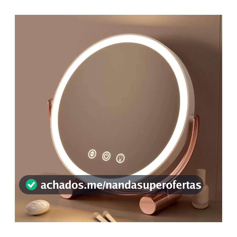 Espelho de Maquiagem com LED – Mesa Redonda, Madeira Bambu, Luz Branca, Recarga USB