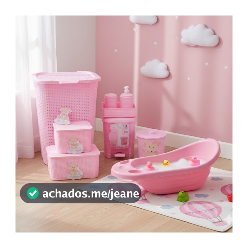 Kit 7 peças Bebe Completo Rosa Linha Baby - Monte Líbano - Cesto, Lixeira, Banheira, Caixas