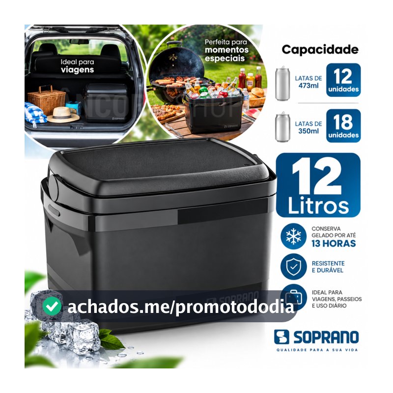 Caixa Térmica Cooler Soprano 12L com Alça Tampa Porta Latas Bebidas Praia Camping Alimentos e Sorvetes Preta 12 Litros