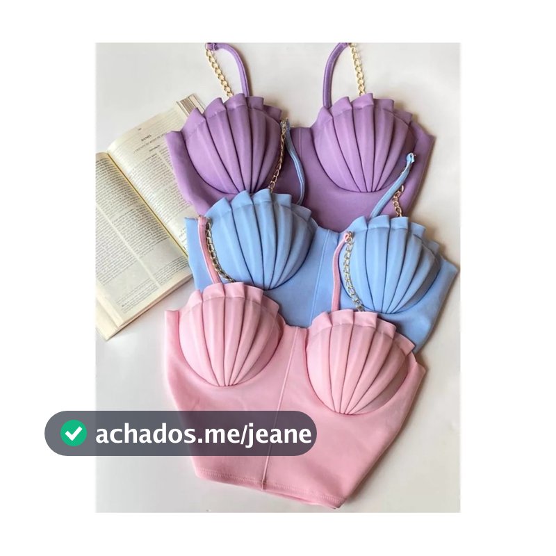 Cropped Alça Corrente Com Bojo Concha Modinha Balada Top Malha Neoprene Sereia Curto Feminino