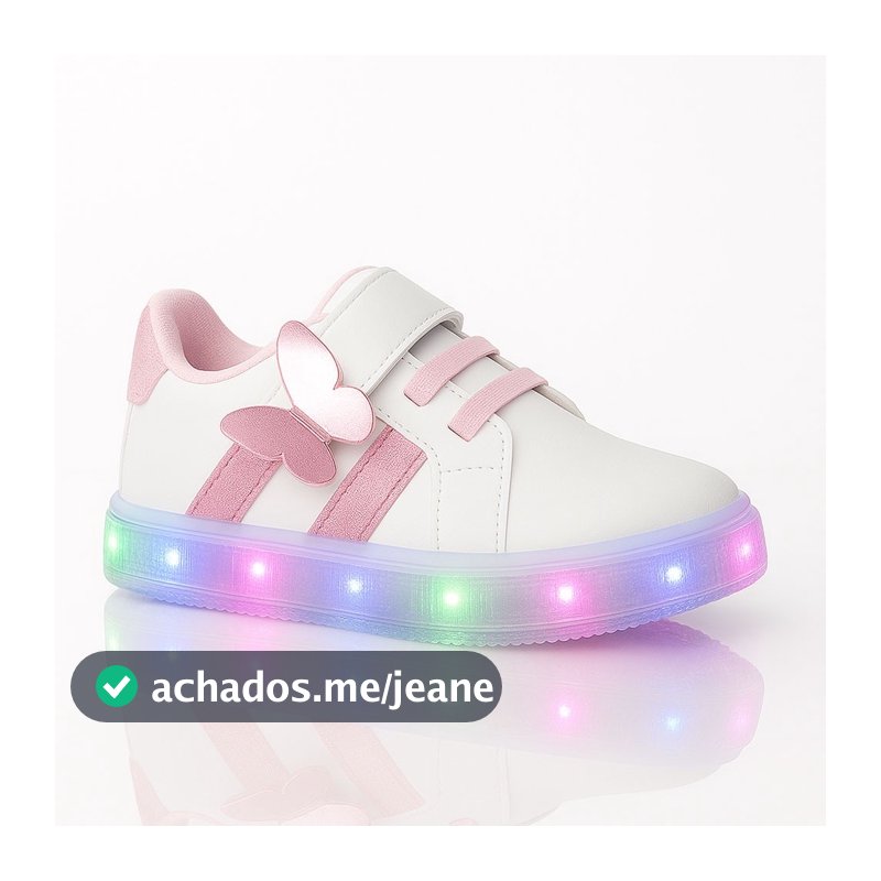 Tenis Calçado Sapato Infantil Feminino Borboleta Glitter com Luz de Led Brilhante