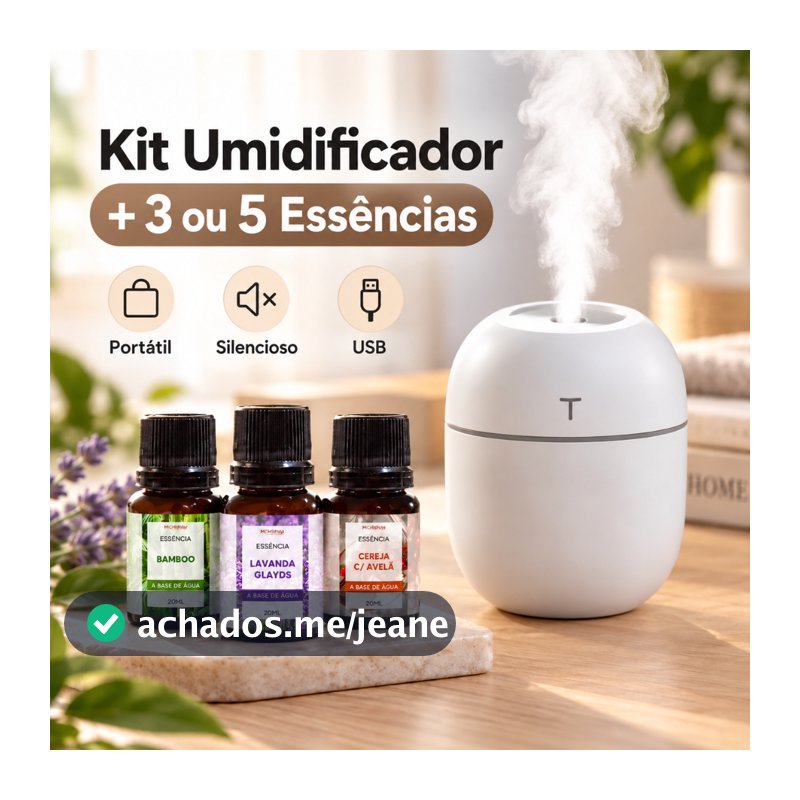 Kit Umidificador Atomizador De Ar Doméstico Portátil Umidificador De Escritório + 3 Essências