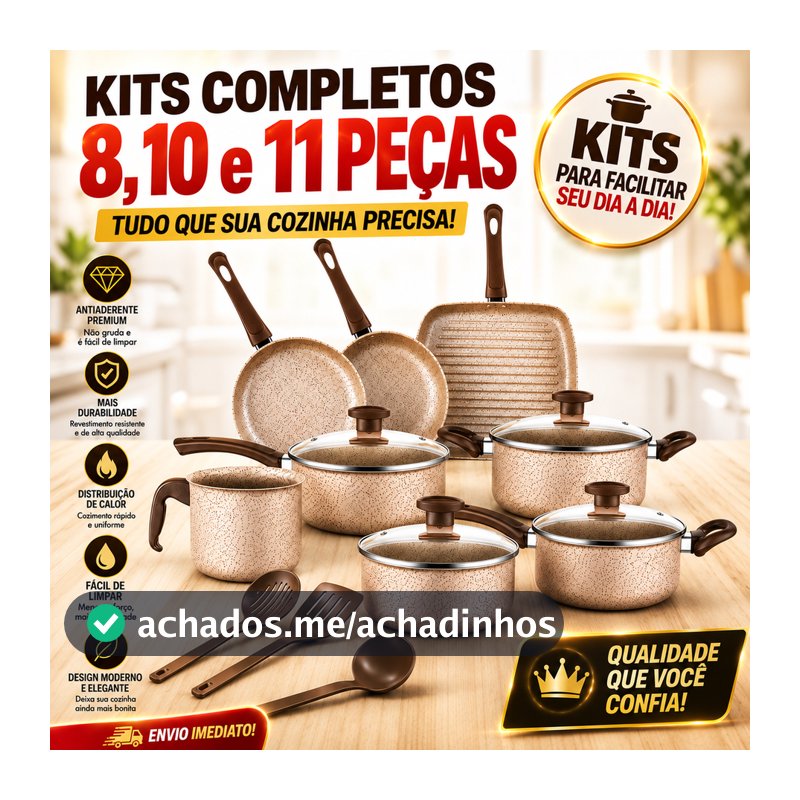 Jogo de Panelas Antiaderente, Kit com 8, 10 ou 11 Peças - Com Tampas de Vidro e Utensílios