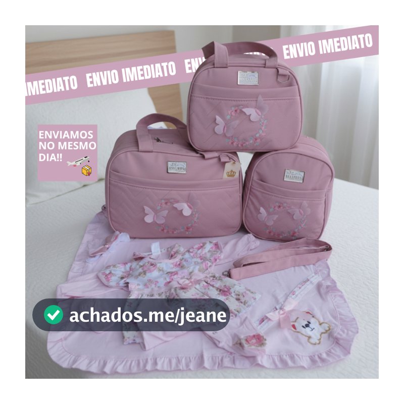 Kit Bolsas Borboleta e Saída Maternidade Menina Com Vestido Macacão Laço e Luva