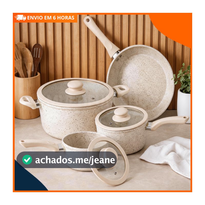 Conjunto Panelas Cerâmica Antiaderente 4 Peças Cabos Toque Amadeirado  Gás Cozinha Completa Saudável Prática Luxo