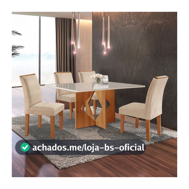 Conjunto Sala de Jantar Mesa Dakota Plus 120x80cm Tampo Vidro com 4 Cadeiras Laura Yescasa Cinamomo/Off White/Suede Pena