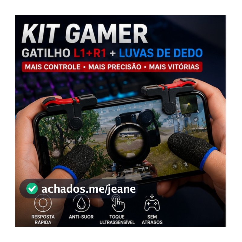 Kit Gamer Celular Gatilho L1 R1 + Par Luva Dedo Antissuor Touchscreen Android iOS Free Fire PUBG COD Jogos Mobile
