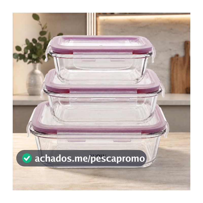 Kit 3 Potes De Vidro Herméticos com Trava para Alimentos Refratário