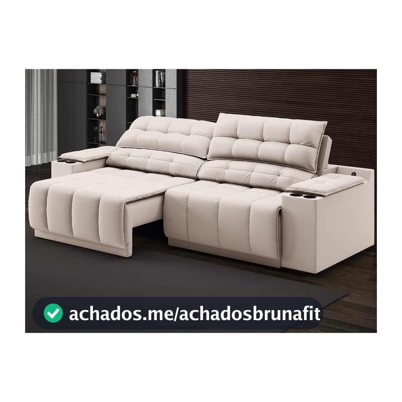 Sofá com Porta Copos Carregador USB Ret Rec Samurai 2,30m Velosuede Areia - NETSOFAS
