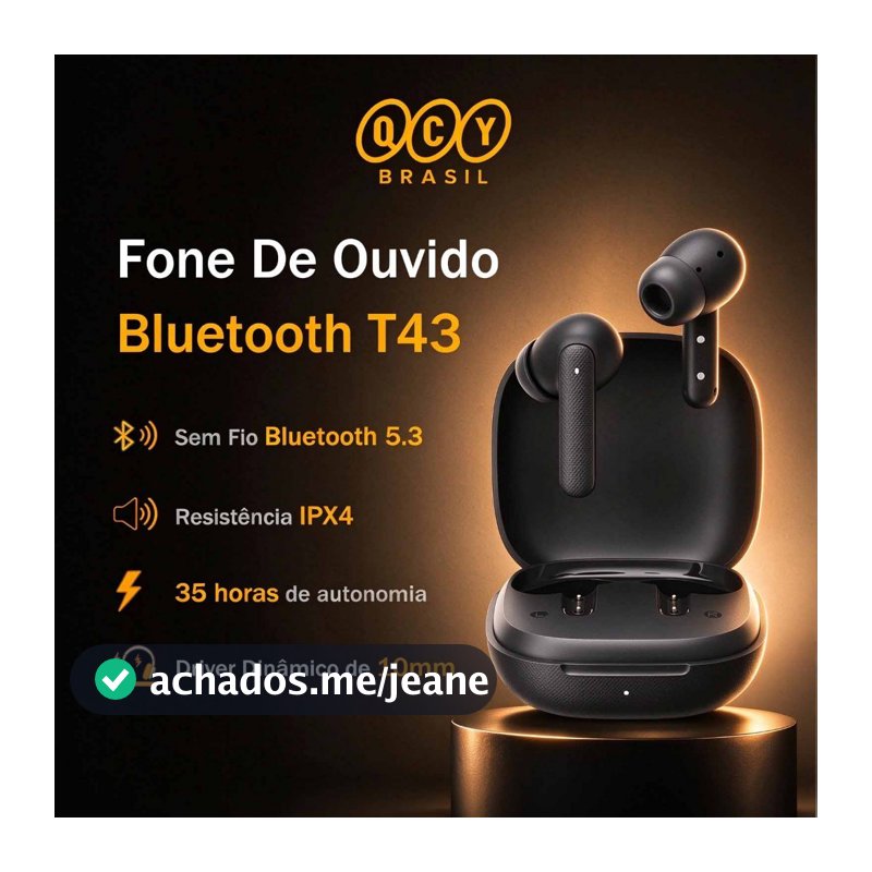 Fone de Ouvido QCY Buds T43 Sem Fio Bluetooth 5.3 Modo Baixa Latência, Certificado IPX4, até 35 Horas de Bateria