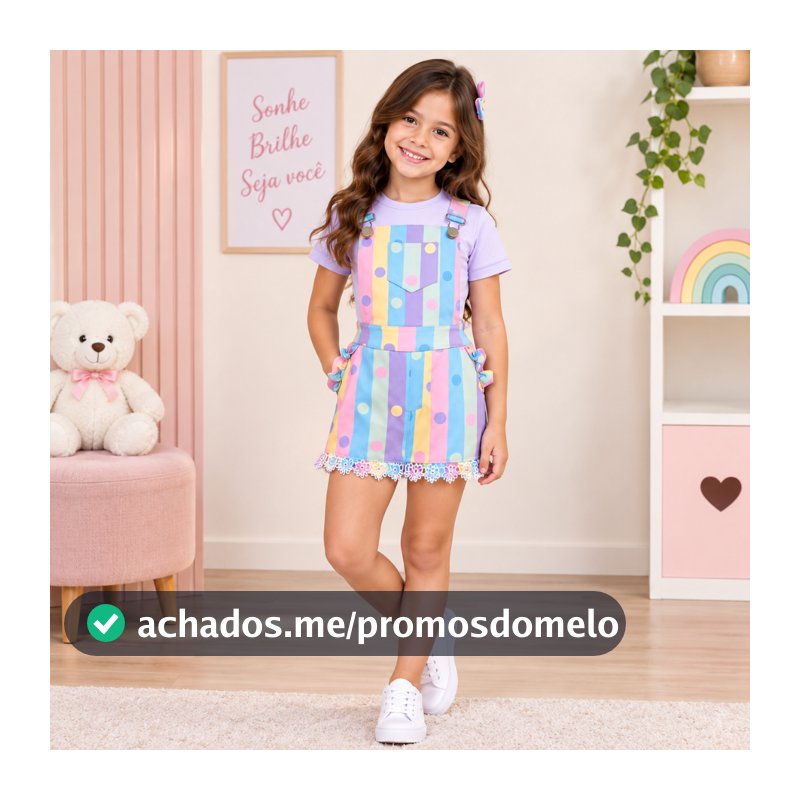 Jardineira Infantil Menina Short Saia Estampada Poá Colorido com Renda