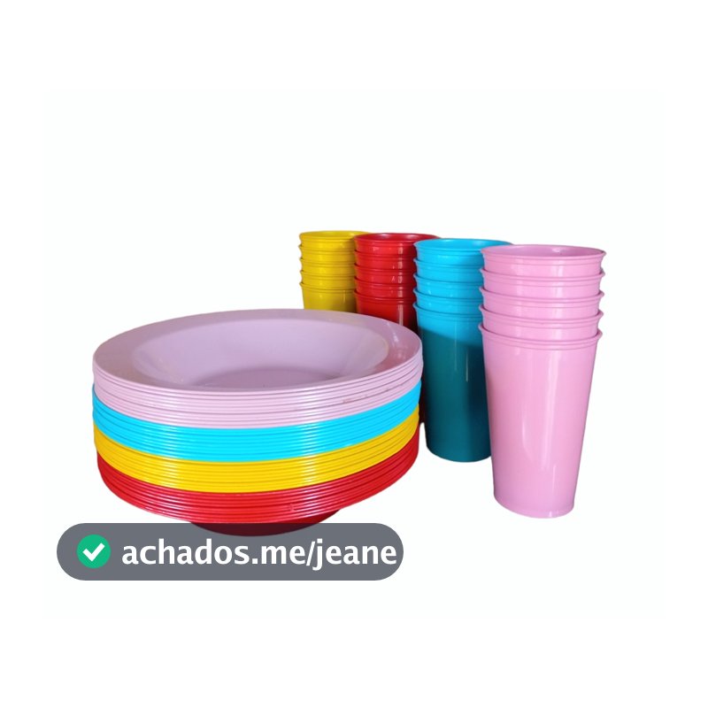 Kit  Copos 300ml +  Pratos Fundos Redondos de Plástico Festas, Merenda, Crianças