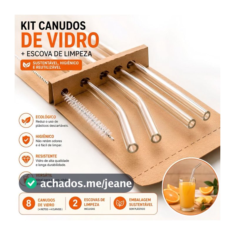Canudos de Vidro Reutilizáveis Kit 4 Unidades com Limpador para Água Sucos Cafés e Bebidas