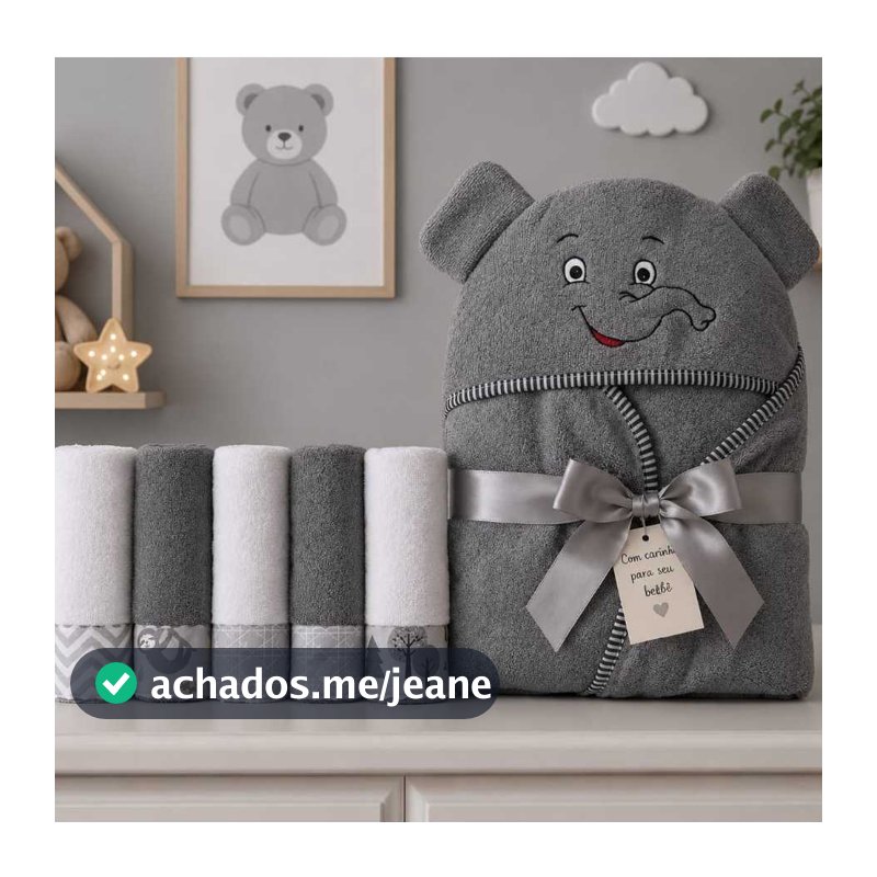 Kit Bebê 6 Peças Toalha com Capuz Bordada + 5 Toalhinhas de Ombro Enxoval Maternidade